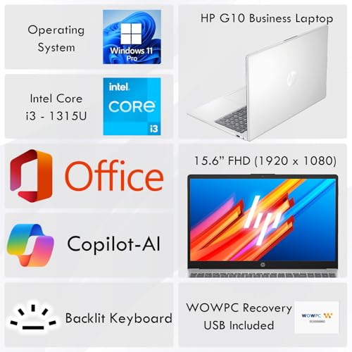 HP 250 G10 15.6" FHD Business Laptop, Backlit Keyboard, Microsoft Office 365, Intel Core i3-1315U (6 cores, Up to 4.5GHz), 16GB RAM, 1TB SSD, USB-C