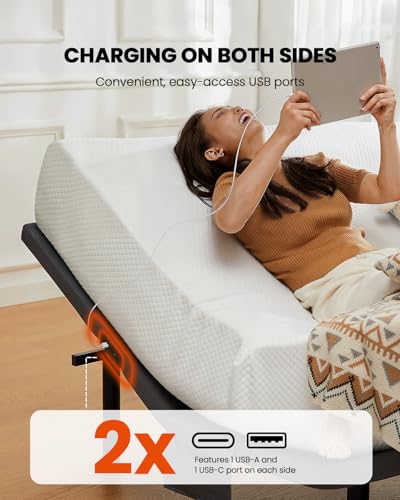 Amada Queen Adjustable Bed Frame with Massage, Head & Foot Incline, Wireless Remote, 4 Built-in USB Ports, LED Night Light, 4 Height-Adjustable Legs
