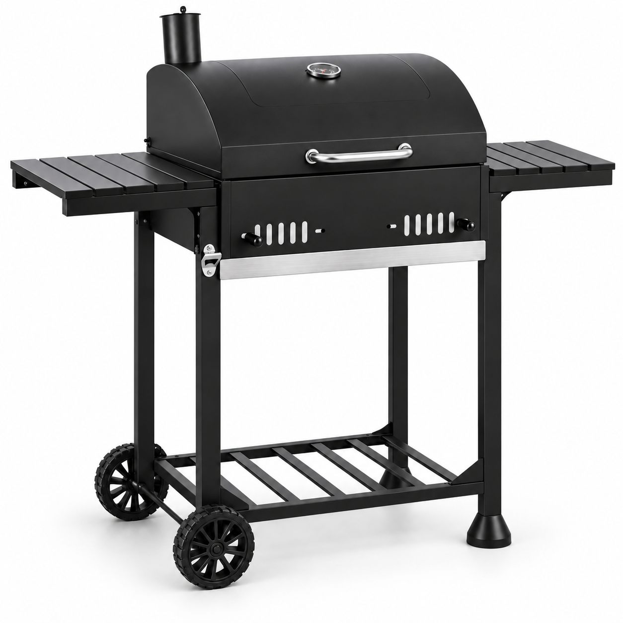 Black charcoal grill with both metal side tables extended, chimney and wheeled cart
