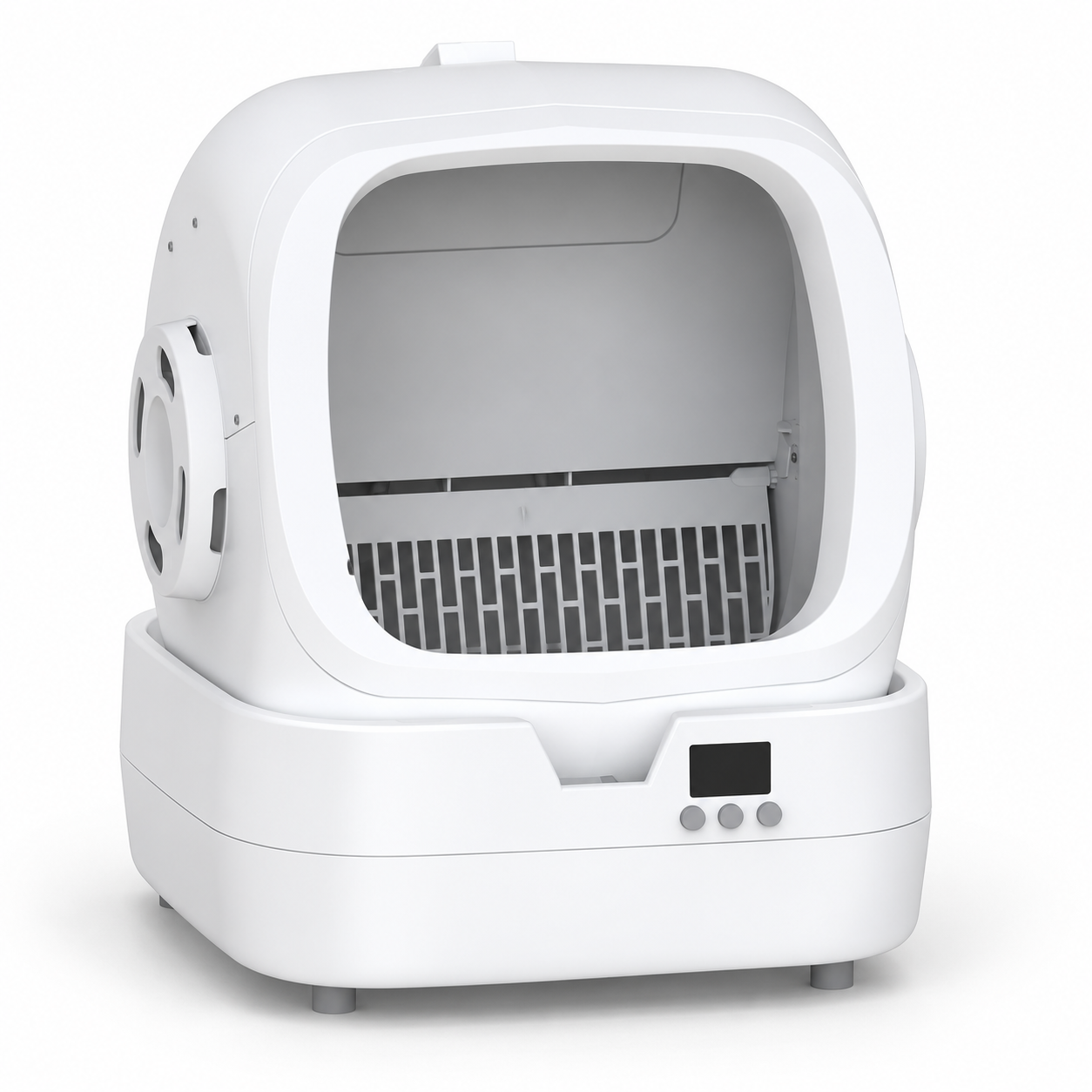 White automatic litter box with broad open entrance, removable drum and three-button control panel