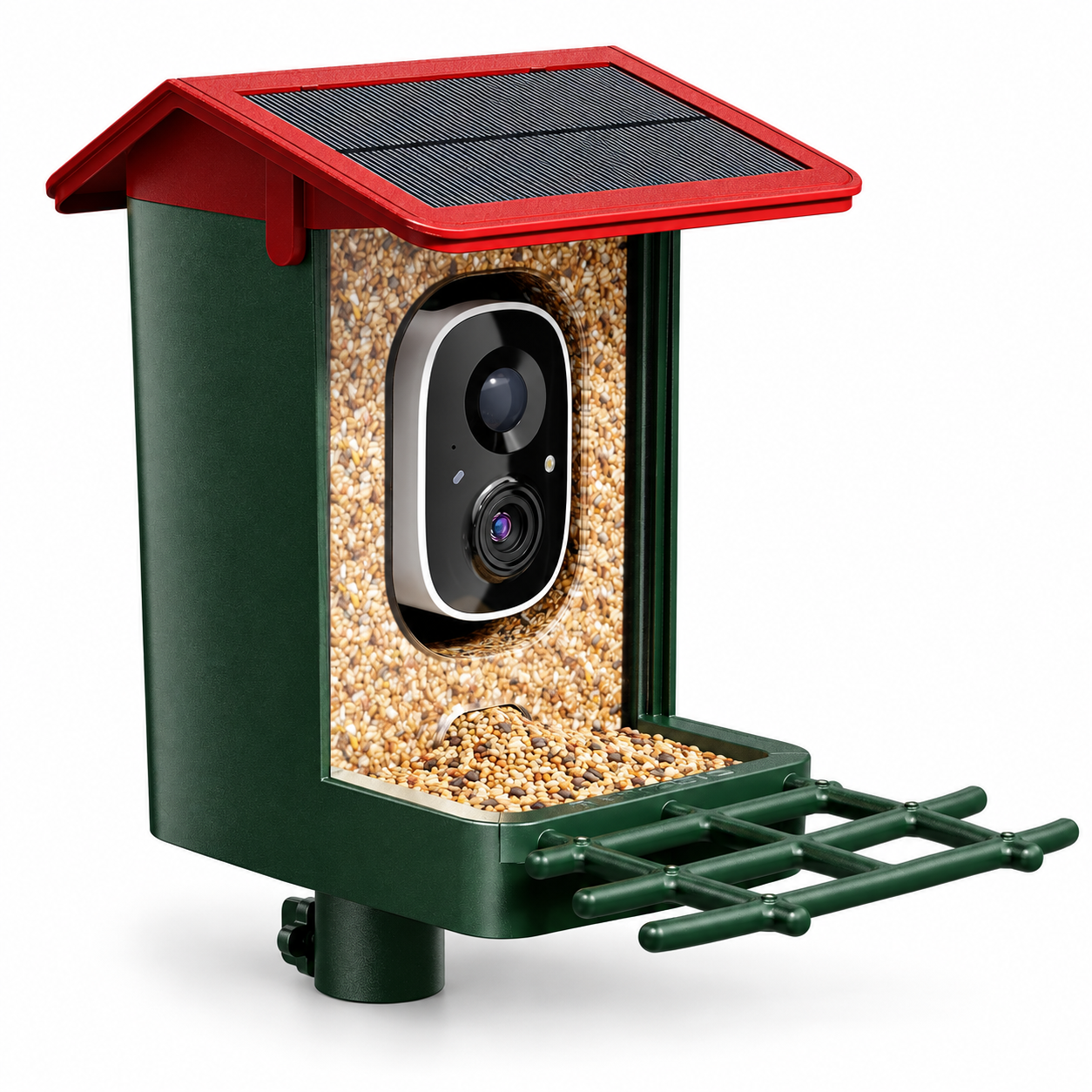 Red solar bird feeder with camera, integrated solar roof and front perch