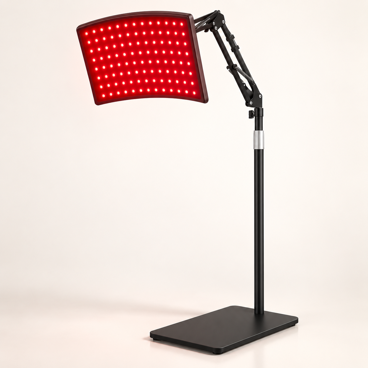 Curved red and near-infrared LED panel with an adjustable floor stand