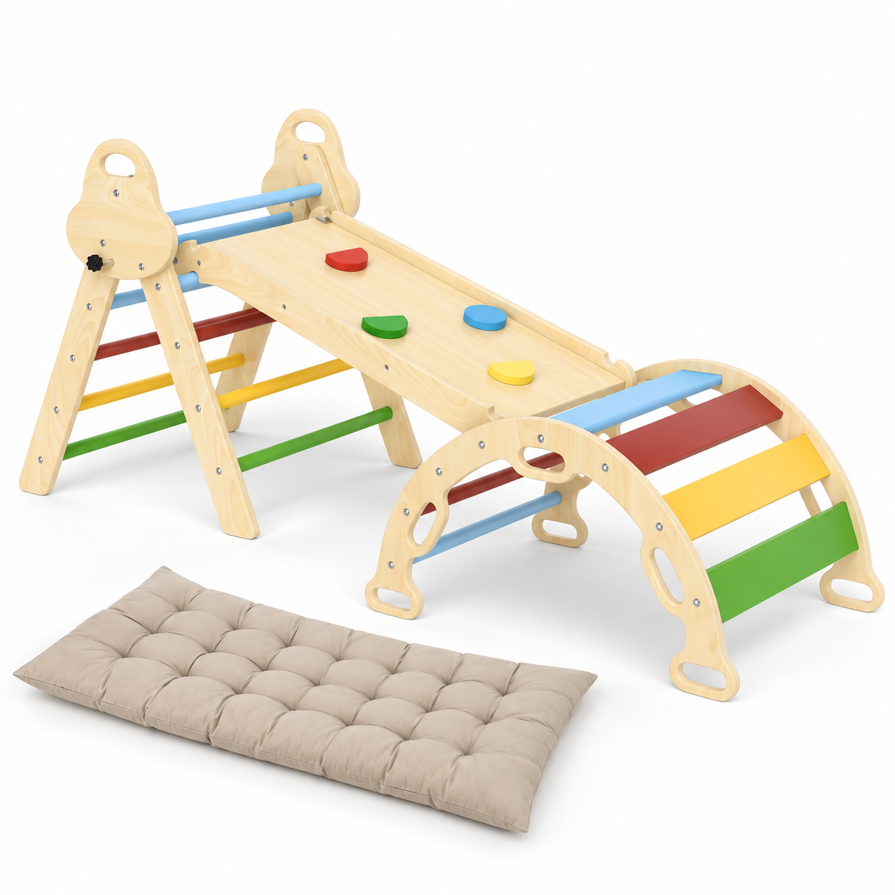Natural wood multicolour climbing set with triangle, ramp, arch and beige cushion