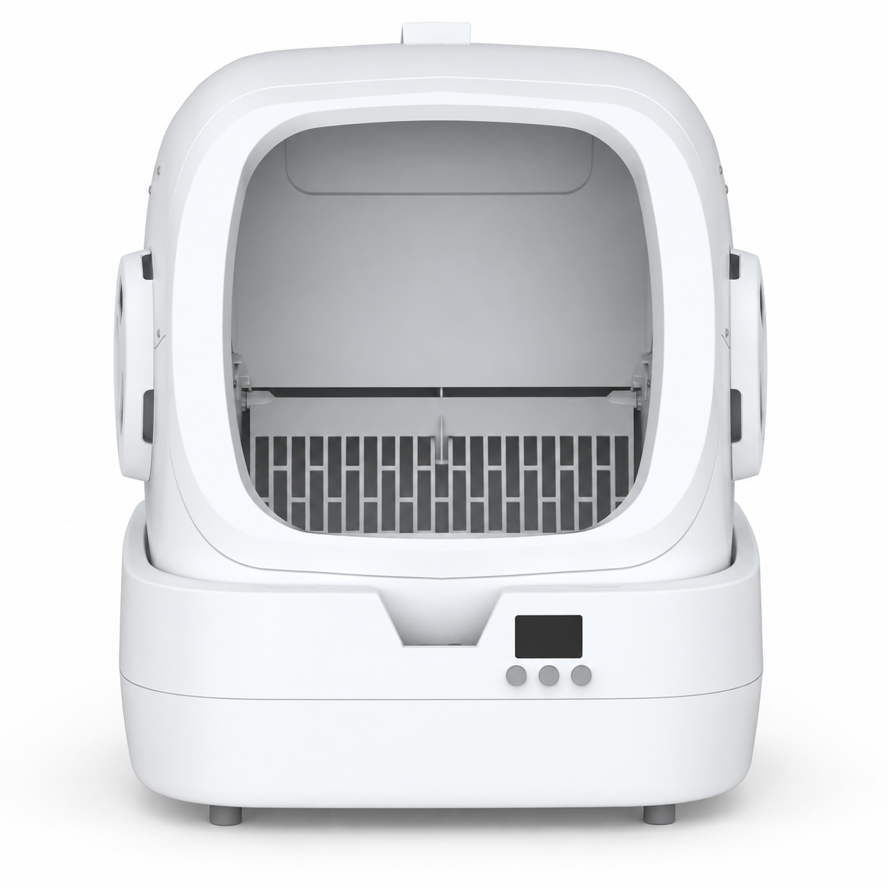 White self-cleaning litter box, straight-on view with open entrance