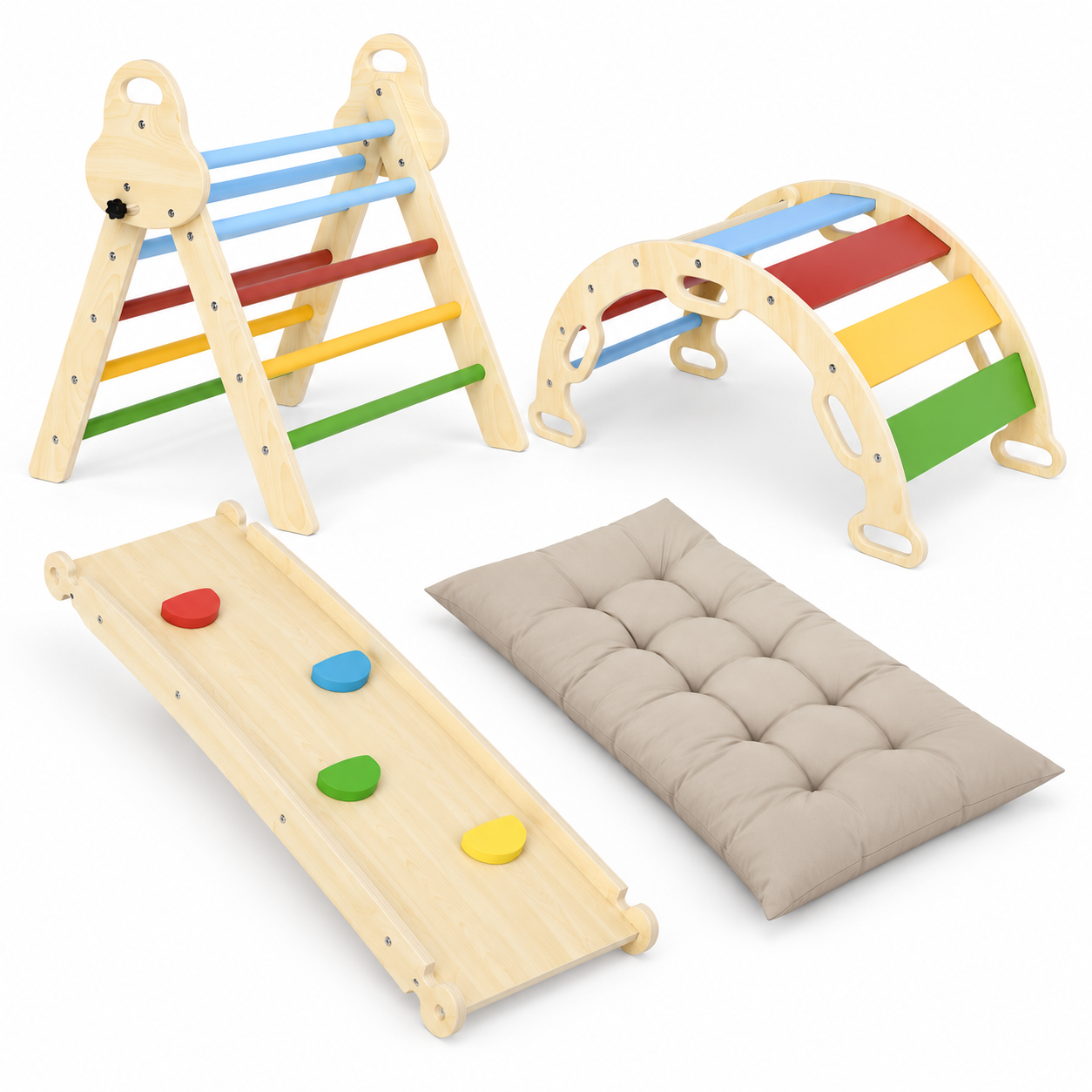 Four included components: climbing triangle, reversible ramp, arch and beige cushion
