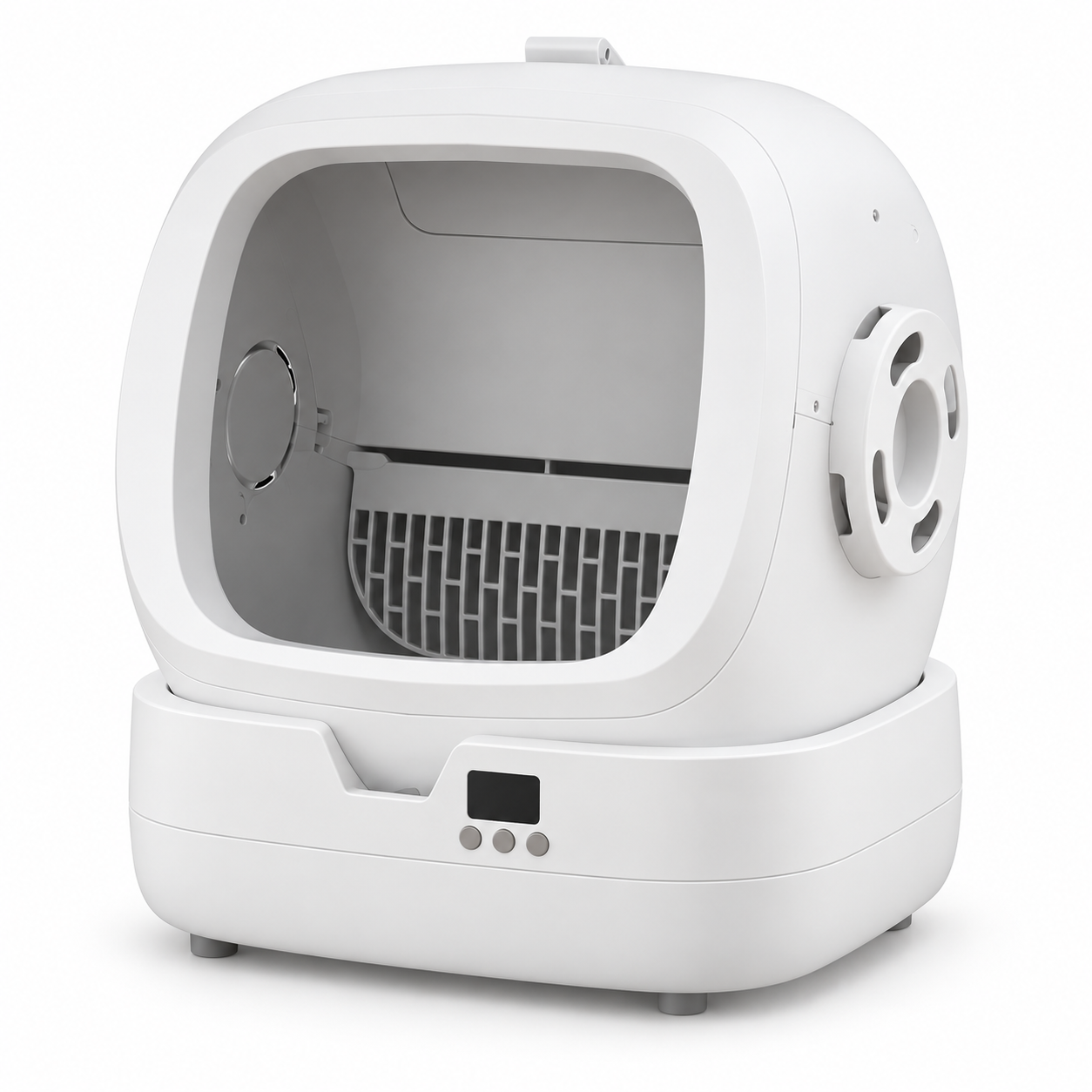 White litter box seen from a higher front angle, showing the chamber and sifting grille