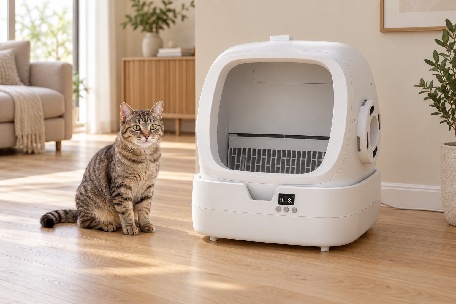 White automatic litter box on a hard floor in a calm home, with an adult cat nearby