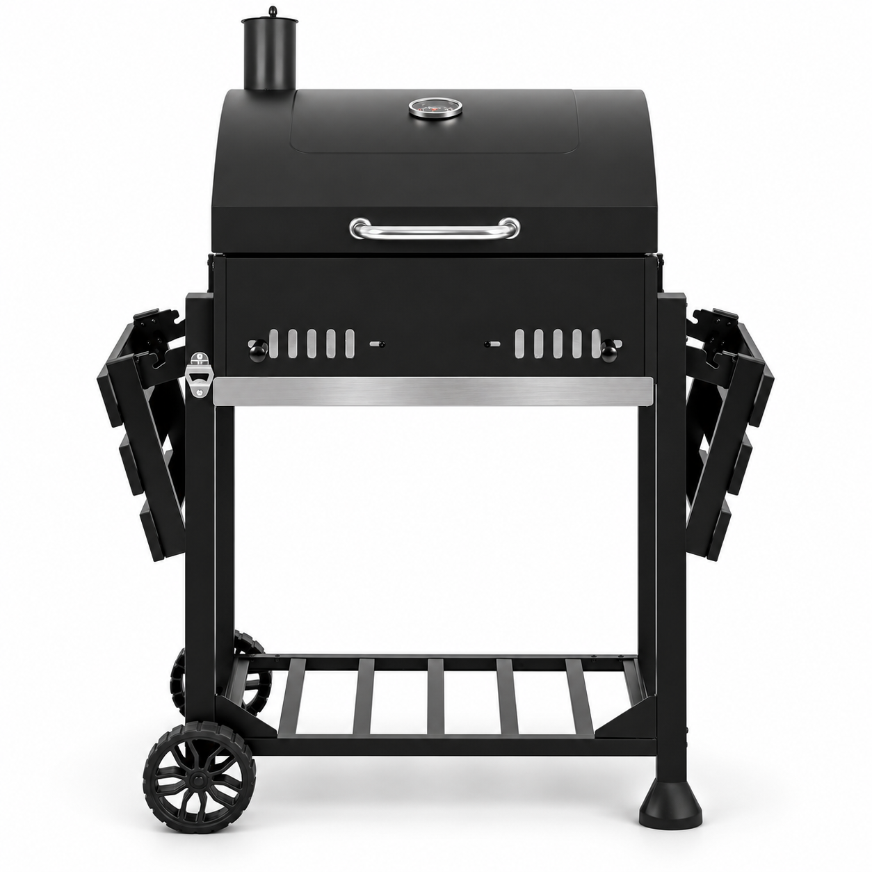 Black metal table charcoal grill with both side tables folded down for storage