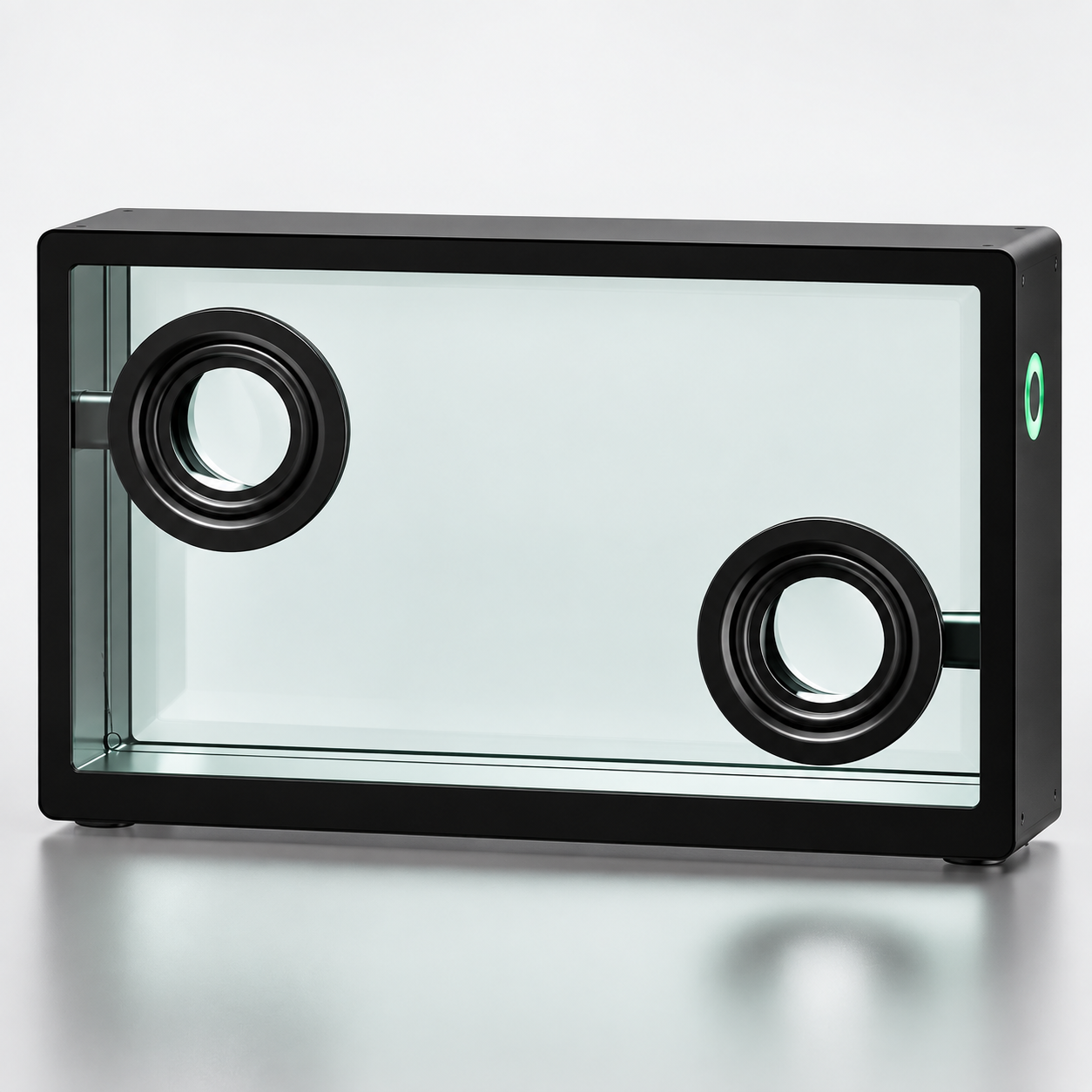 Three-quarter view showing the transparent speaker depth and black frame