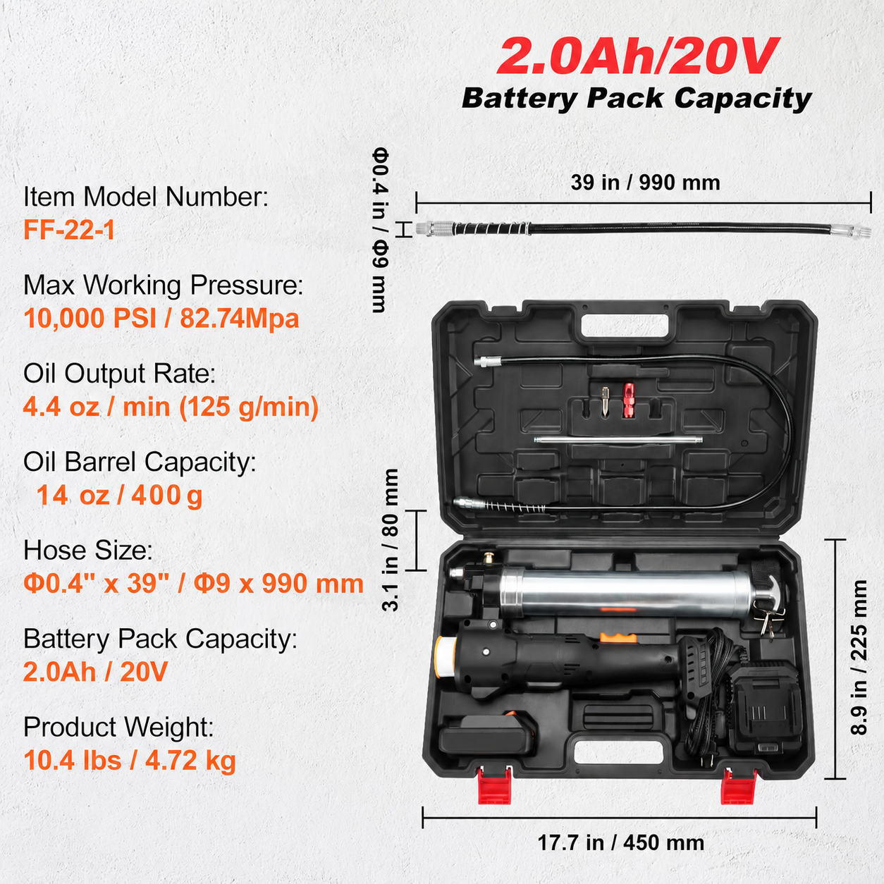 Cordless Grease Gun, 20-Volt, 10,000 PSI, 39" Long Hose, Electric Grease Gun Kit Professional High Pressure Battery Powered Grease Gun with Carrying Case, Battery and Charger Included, Black