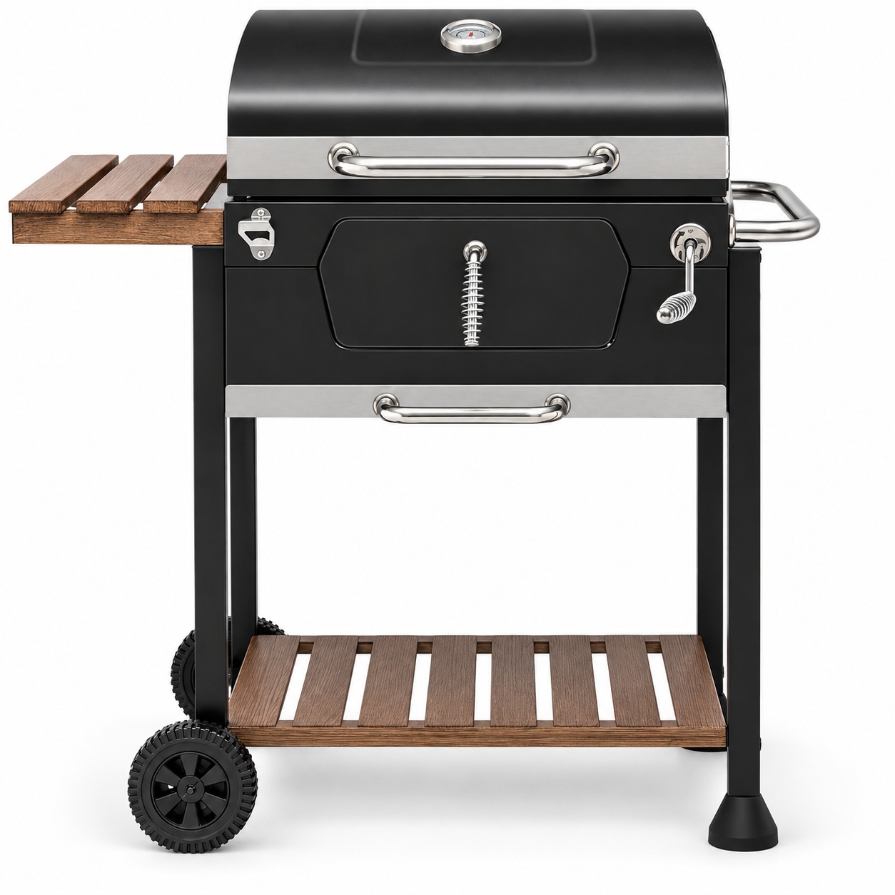 Front view of wood table charcoal grill showing the loading door, crank and ash drawer