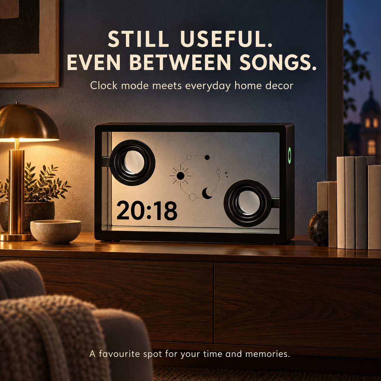 Speaker used as a clock on a styled home console