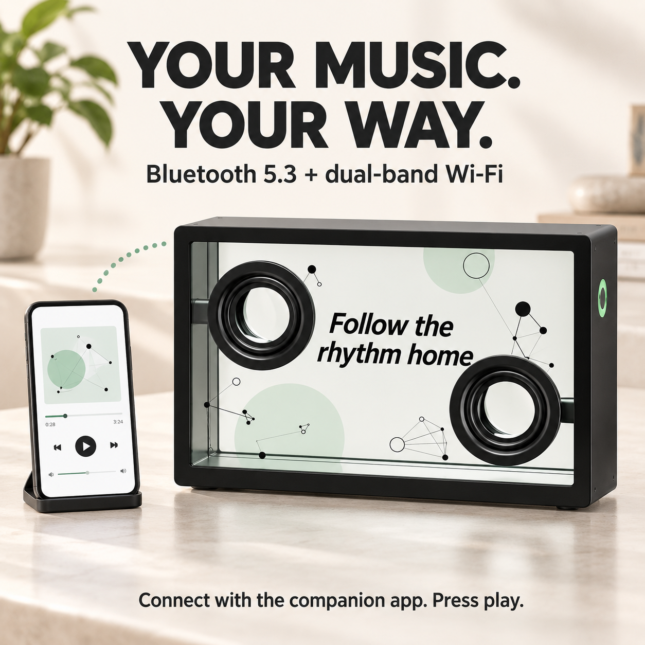 Transparent speaker with phone illustrating Bluetooth and Wi-Fi listening