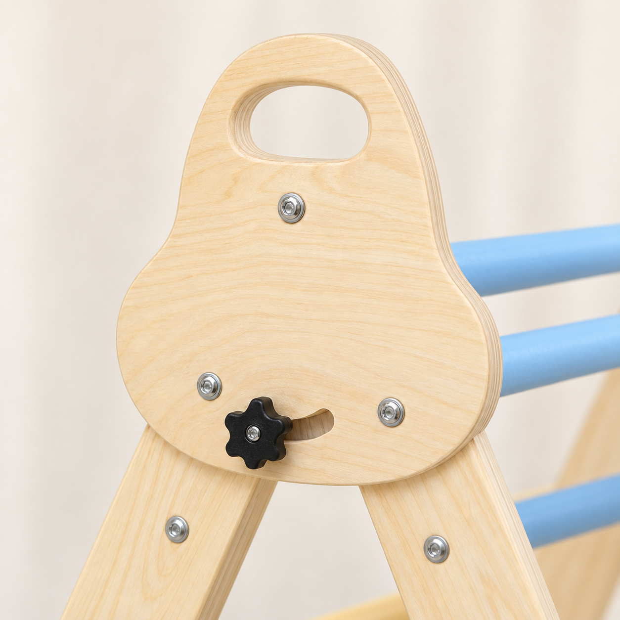 Triangle adjustment joint with wooden hand hole and black locking knob