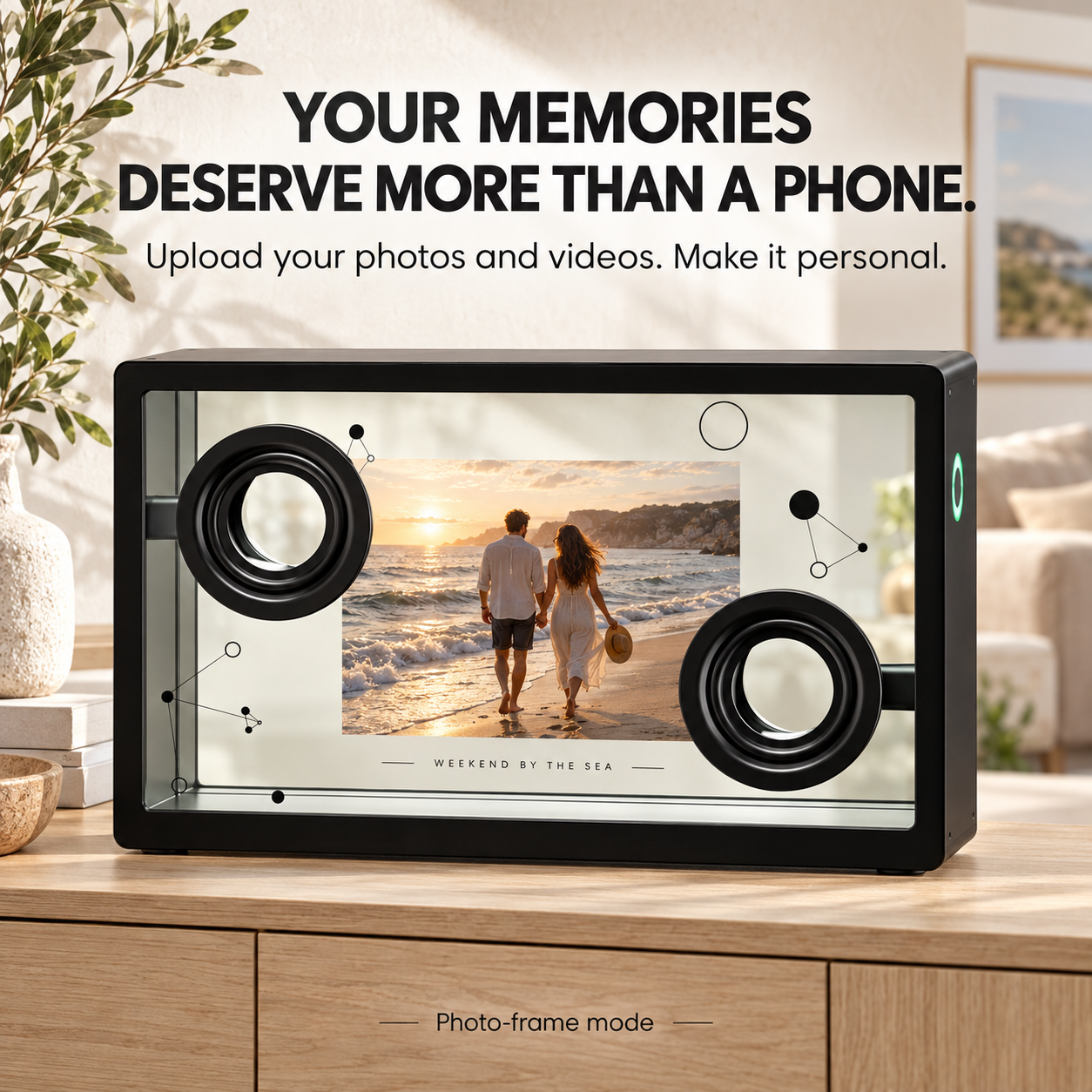 Transparent speaker showing a personal travel photo on a bright sideboard