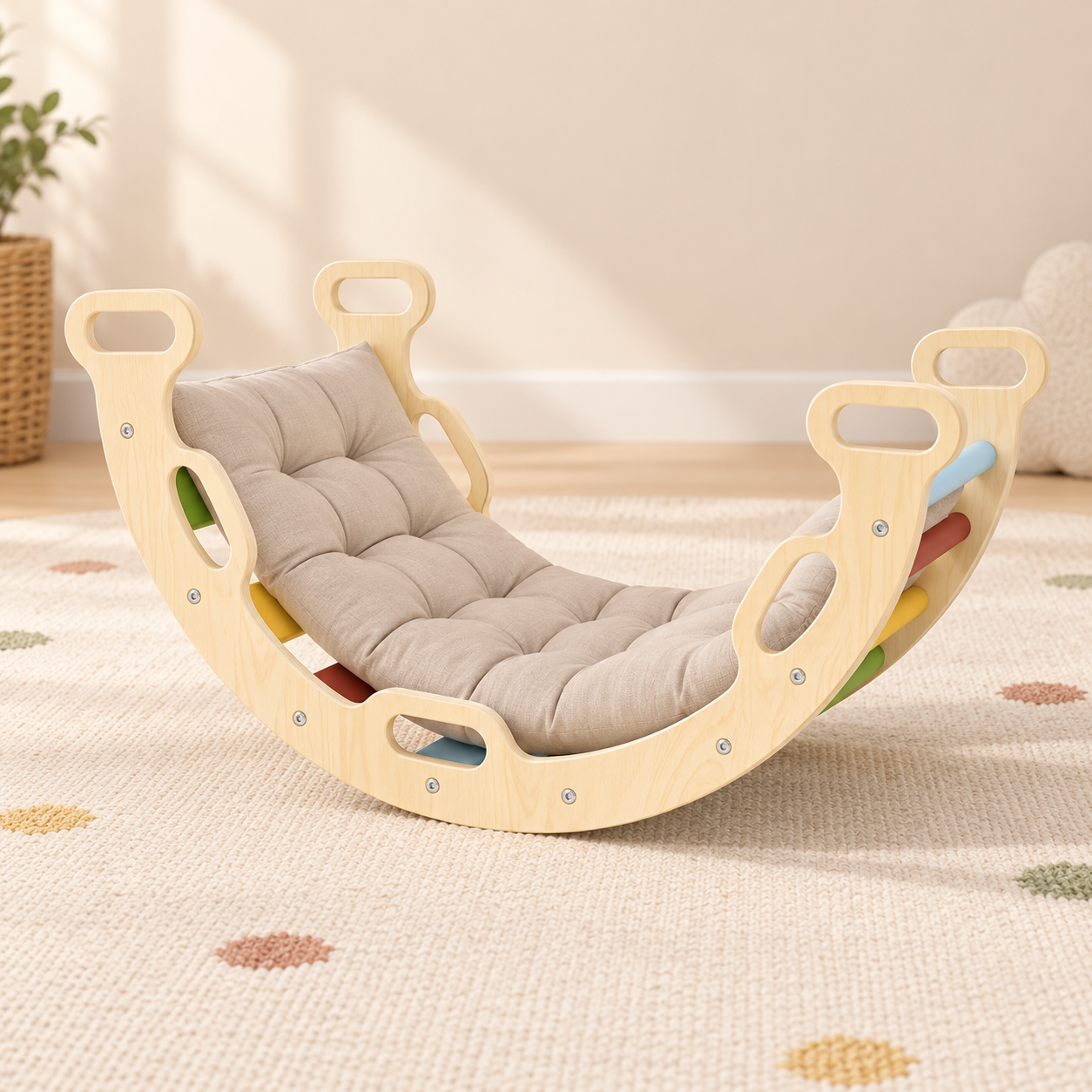 Wooden arch turned over with its beige tufted cushion inside
