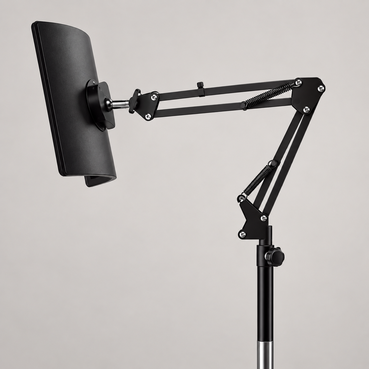 Spring-balanced articulated arm and rear panel mounting joint