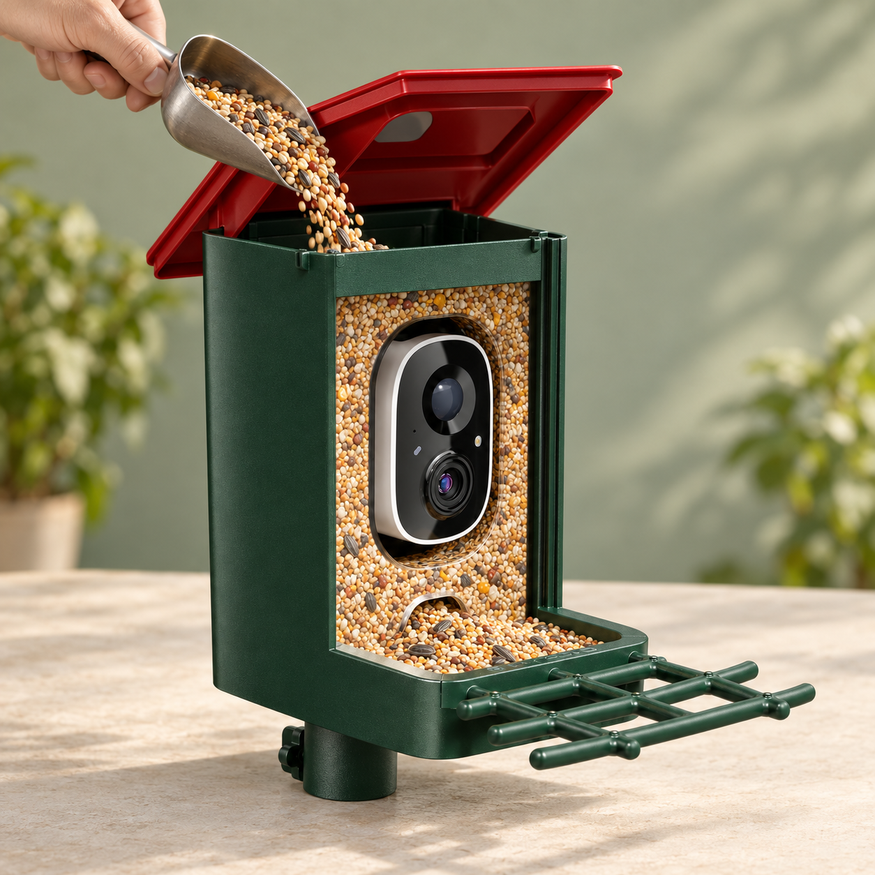 Red 2K feeder with raised roof and seeds being poured into the top reservoir