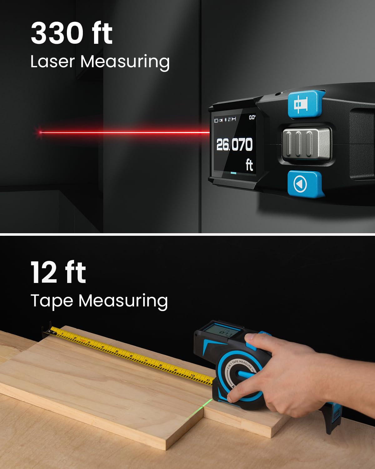 3-in-1 Smart Digital Tape Measure with 330FT Laser & App Sync