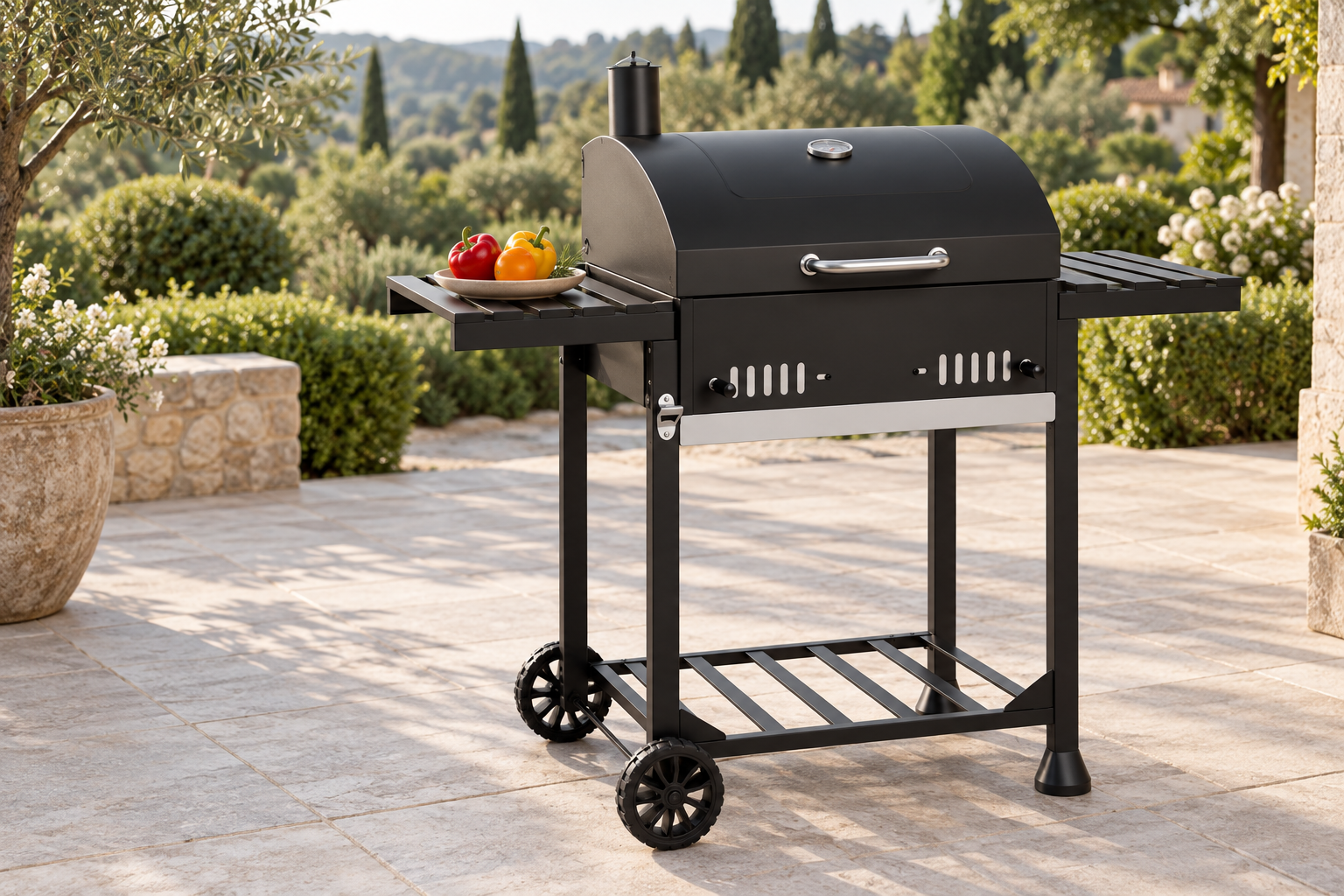 Black folding table charcoal grill on an open stone patio with both side tables extended