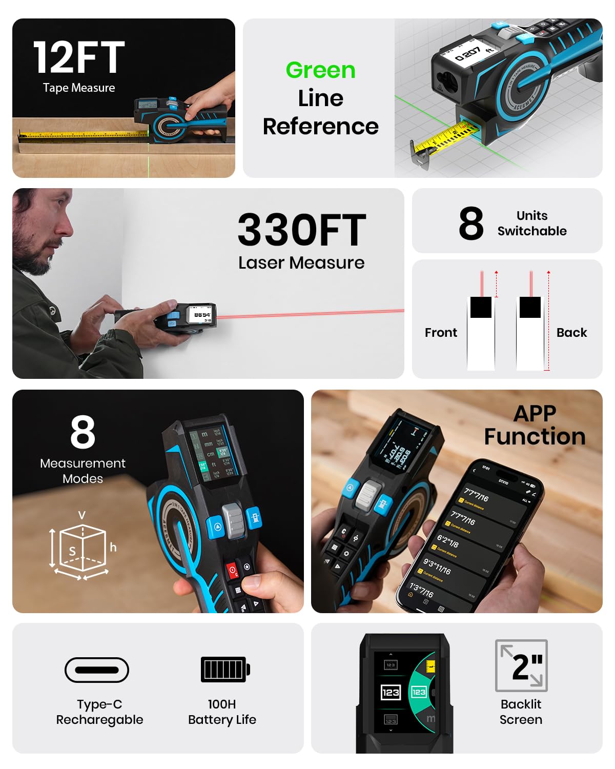 3-in-1 Smart Digital Tape Measure with 330FT Laser & App Sync