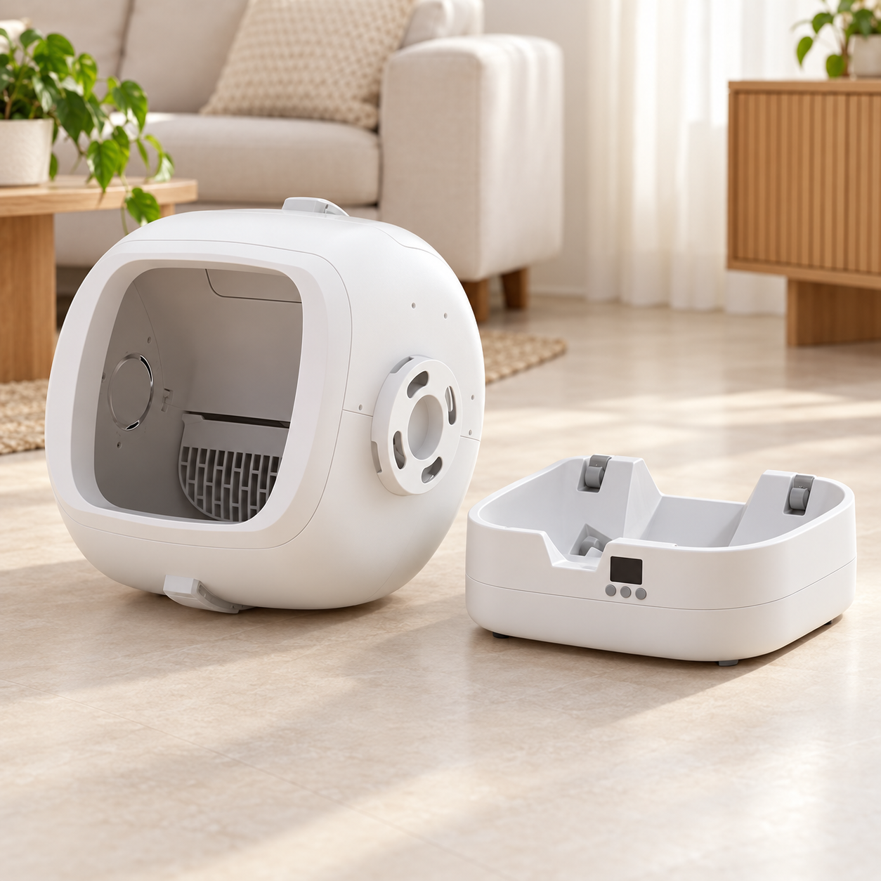 Removable white litter drum beside its separate electronic base for maintenance