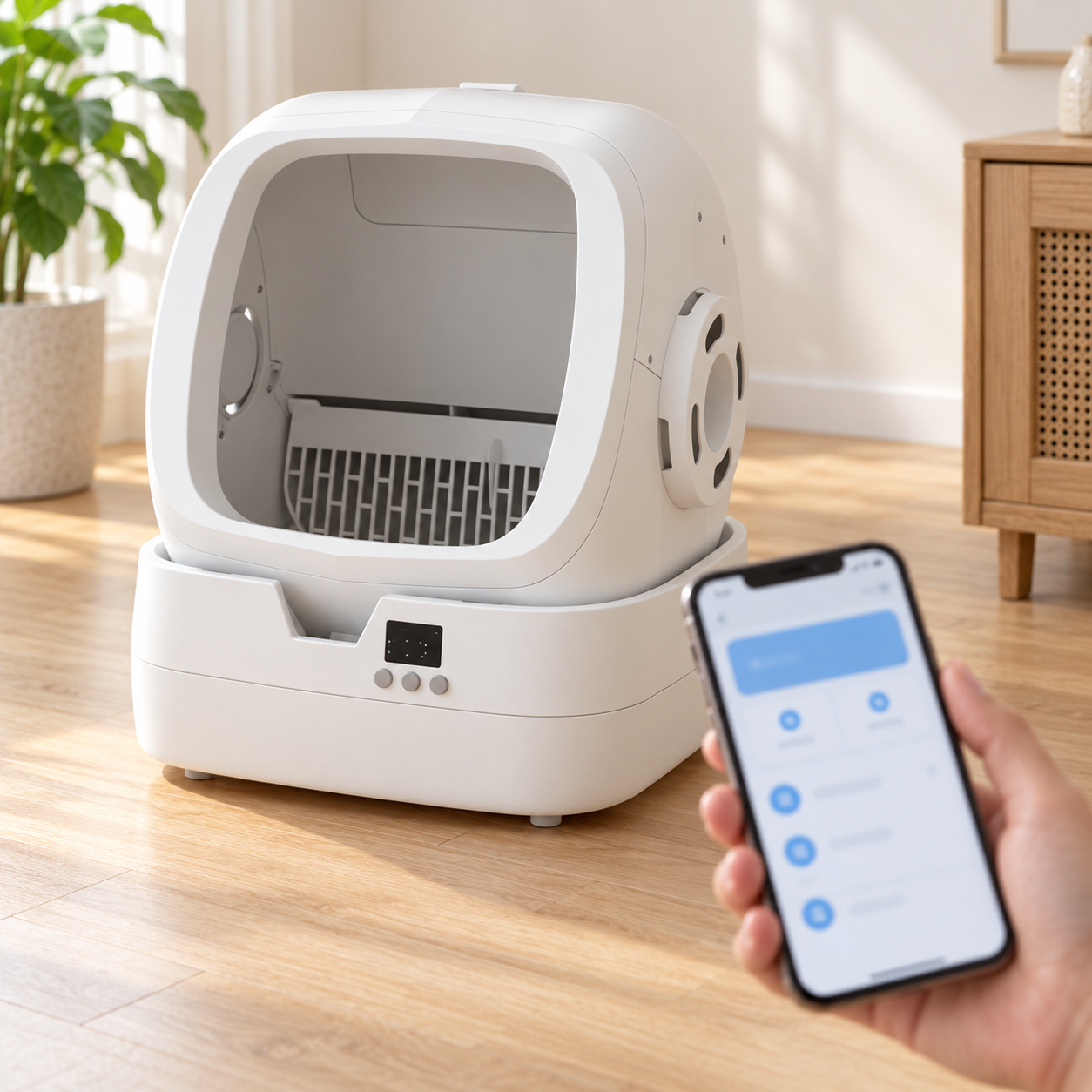 Phone beside the white litter box, illustrating app access to cleaning controls and usage records