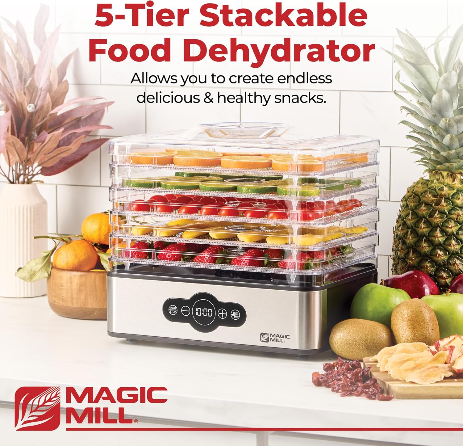Five stackable dehydrator trays