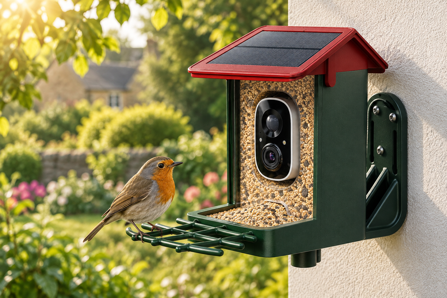 Red 2K bird feeder mounted in a sunlit garden with a small robin on the perch