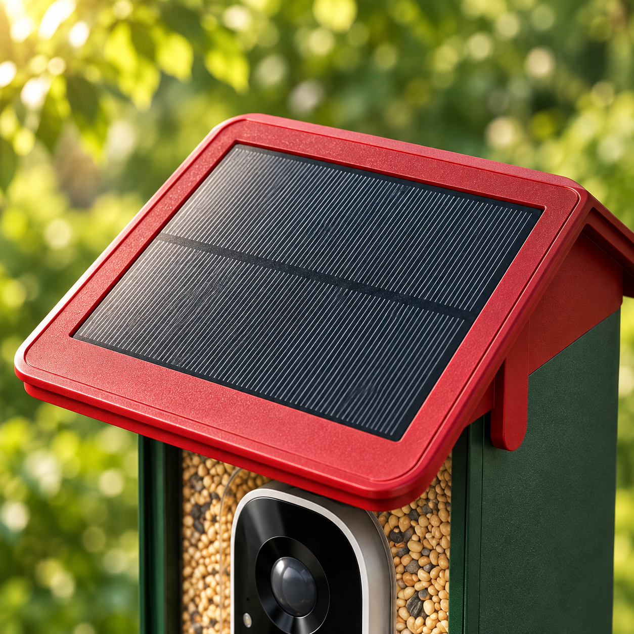 Close view of the red 2K feeder's integrated solar roof and camera
