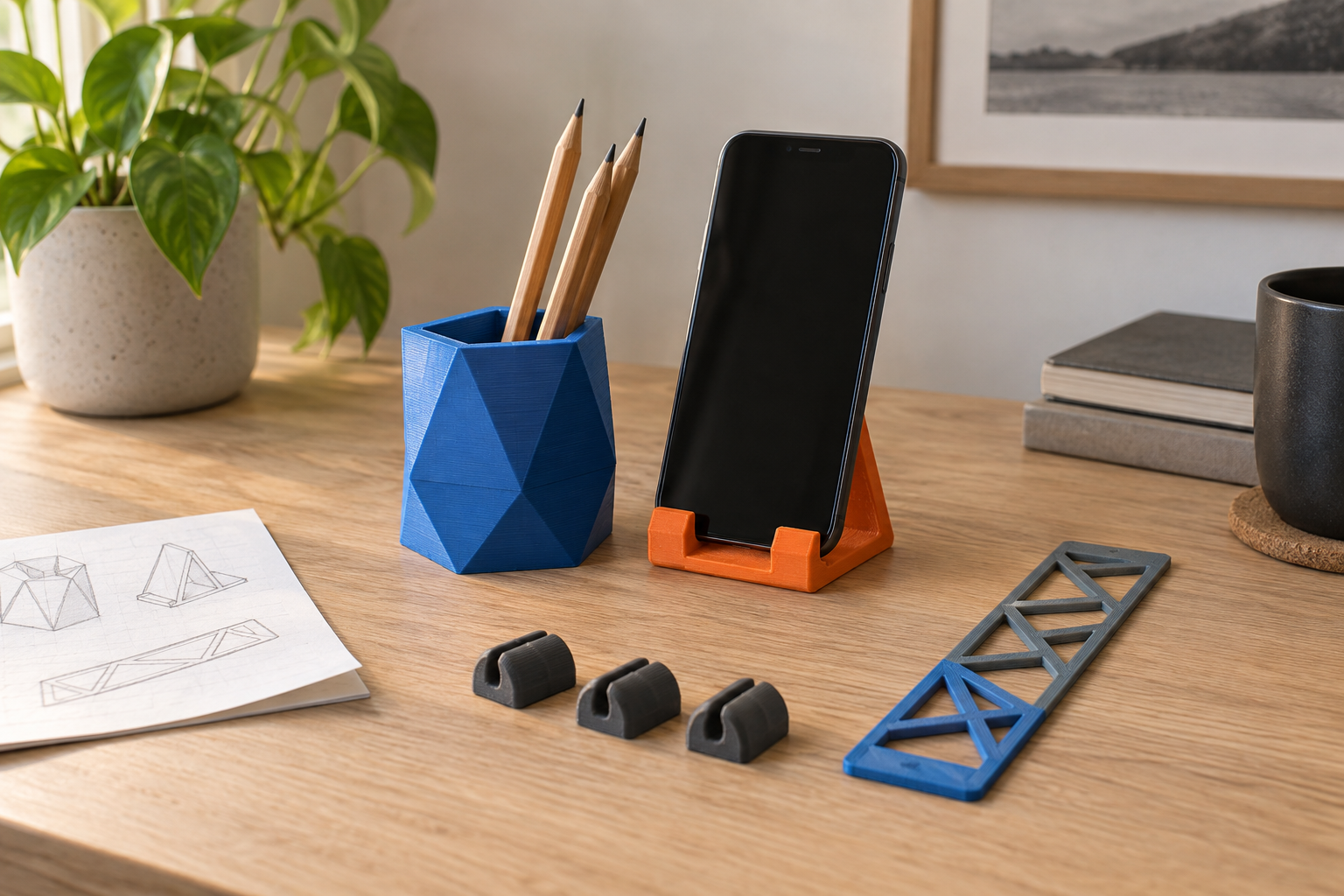 Illustrative FDM project ideas: organiser, phone stand, cable clips and bookmark