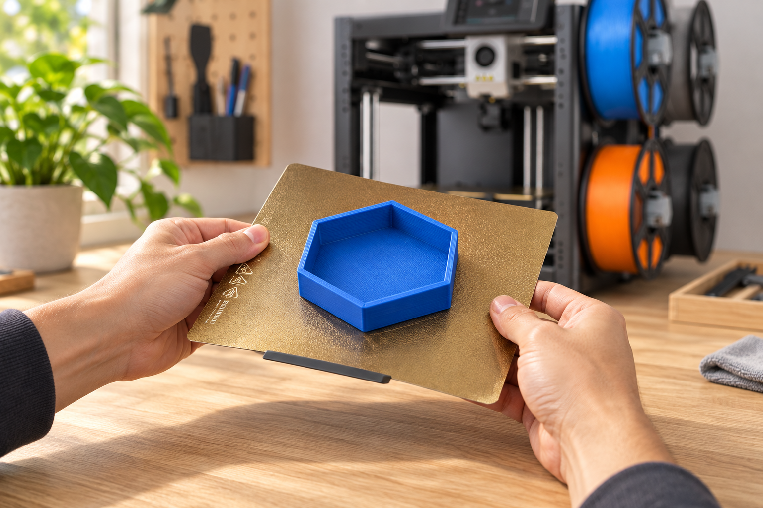 Flexible gold PEI steel plate with a sample printed tray