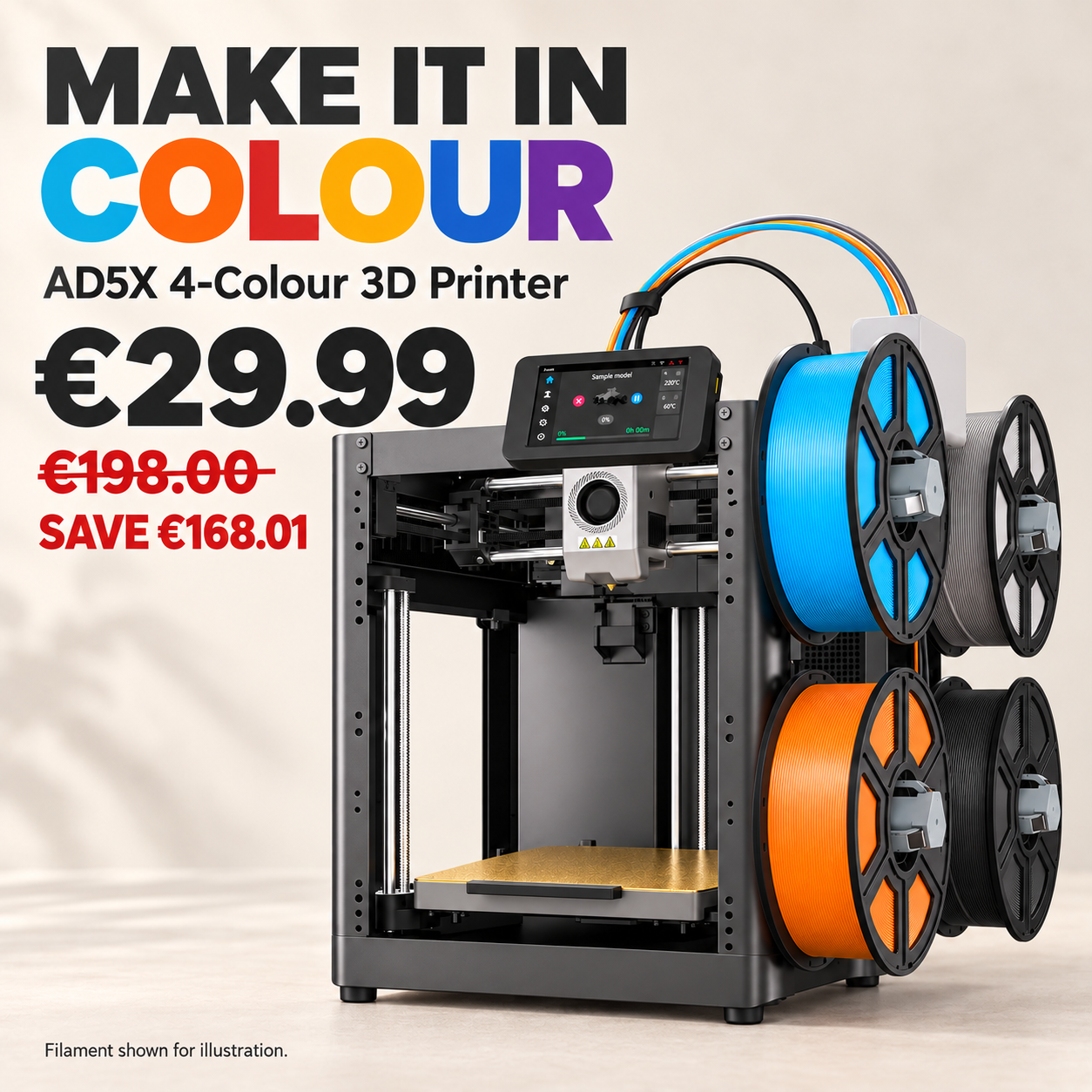 AD5X four-colour printer with EUR 29.99 offer and red reference price EUR 198.00
