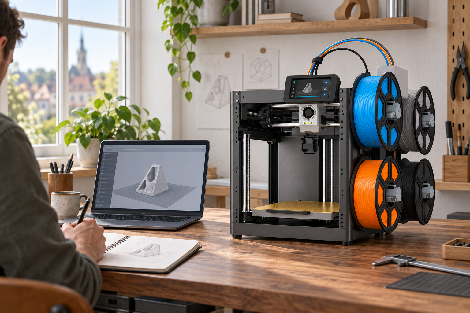 A 3D printer in a bright home creative workspace