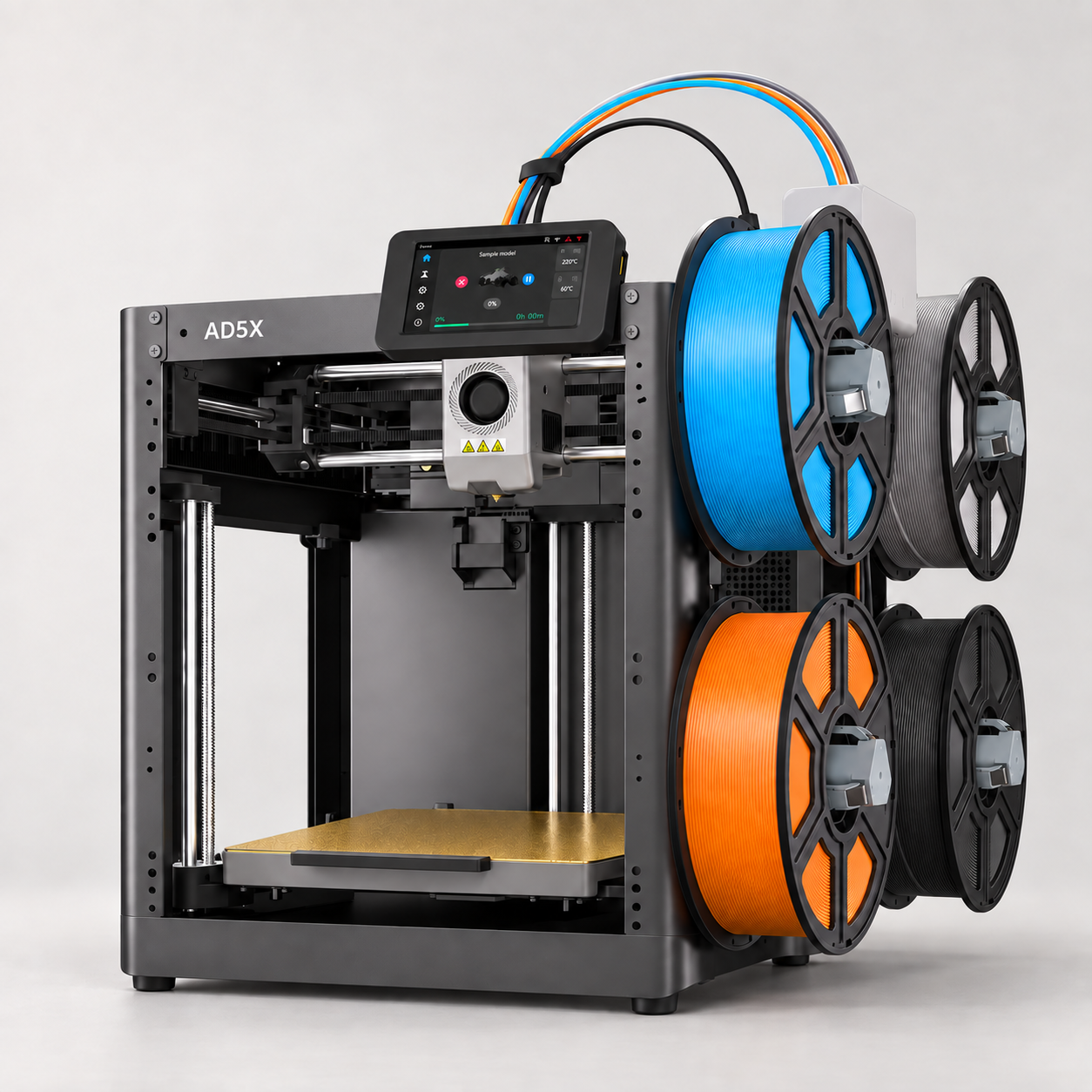 AD5X dark grey open-frame printer with four side spool positions; filament shown for illustration
