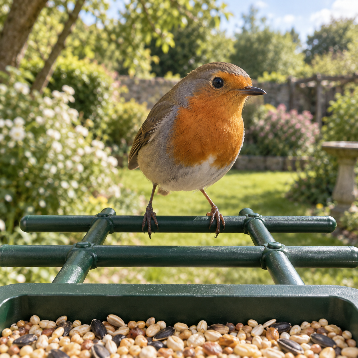 Illustrative close-up of a European robin on the feeder's green perch