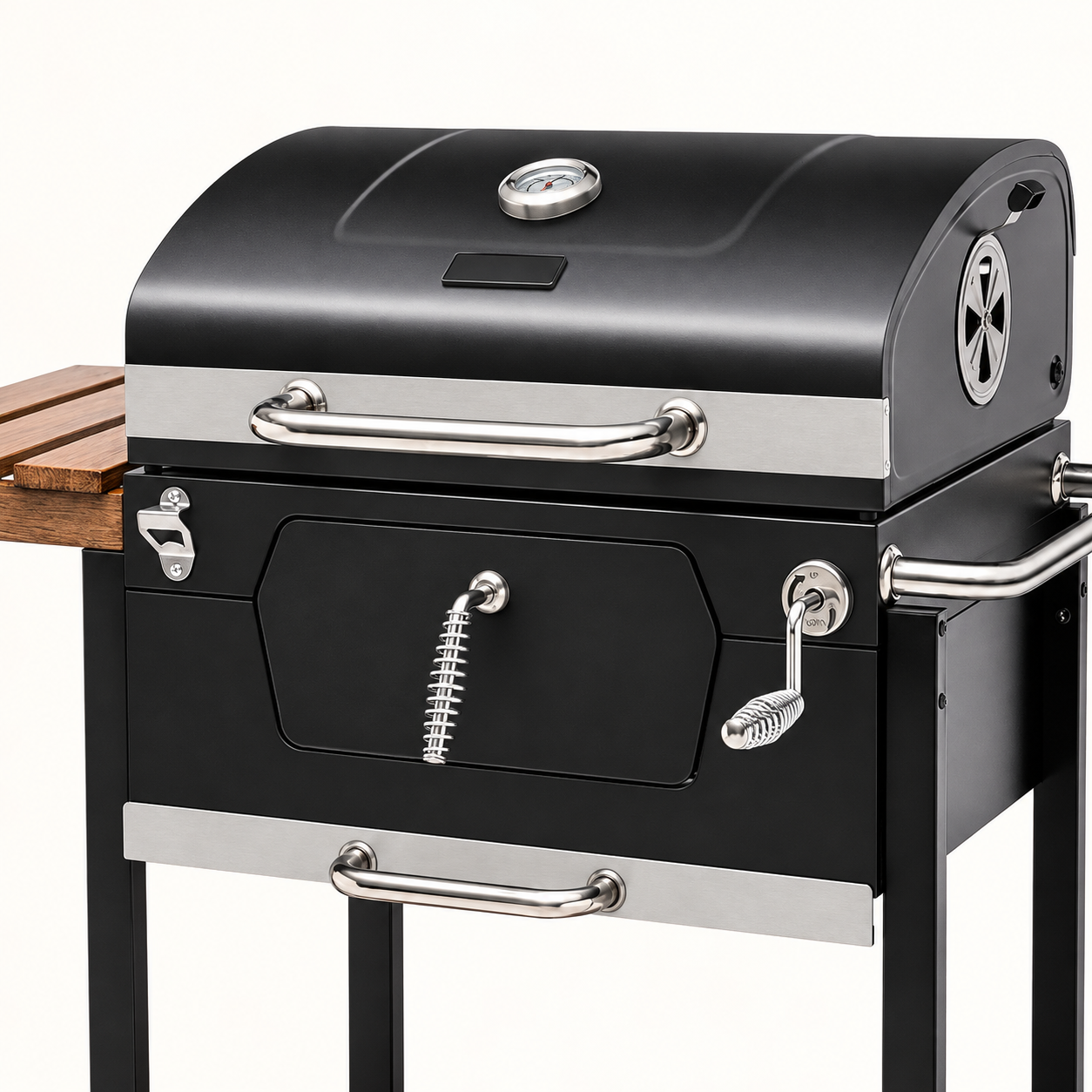 Wood table grill close-up showing front charcoal door, spring handle, crank and ash drawer