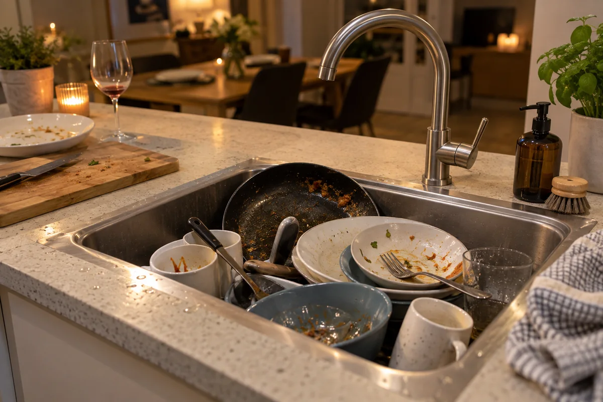 Dirty plates bowls cups and cookware left in the sink after dinner