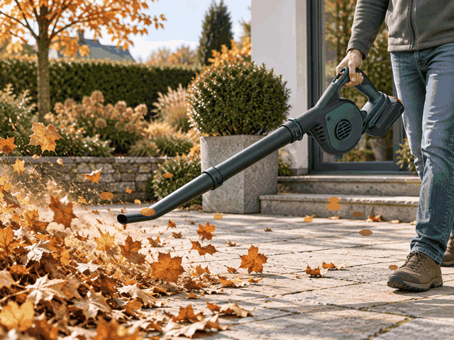 Cordless leaf blower cleaning garden debris