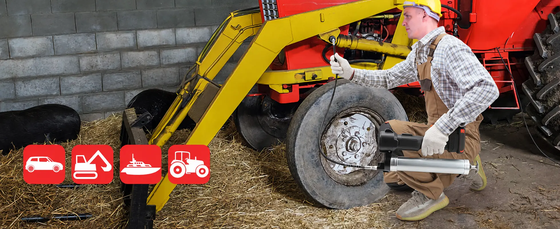 Cordless grease gun lubricating farm equipment