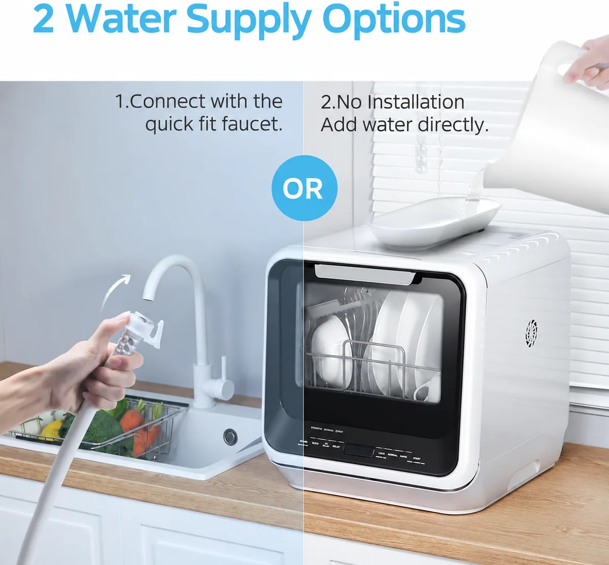 Manual water fill and quick-connect faucet options
