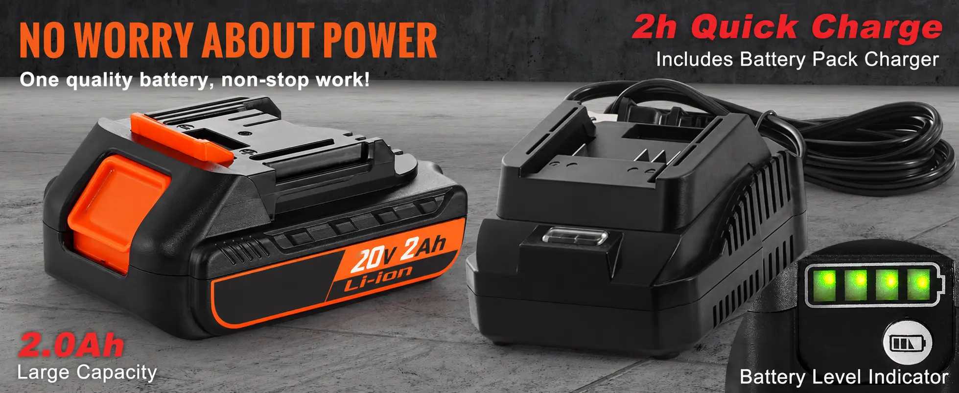 20V battery, charger and battery indicator