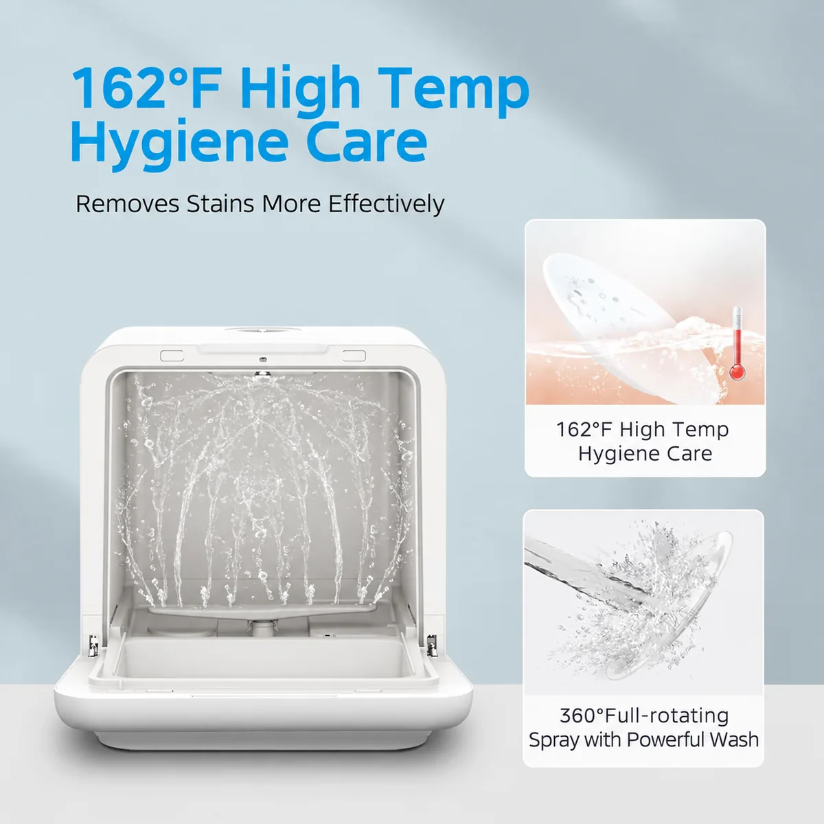 High-temperature wash and 360-degree spray inside dishwasher
