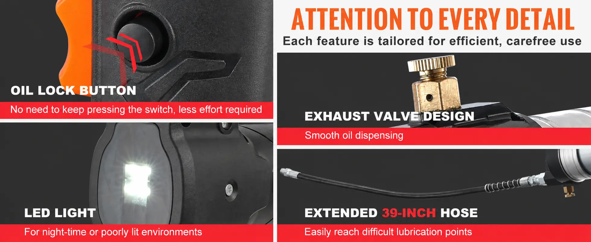 LED light, oil lock, exhaust valve and extended hose
