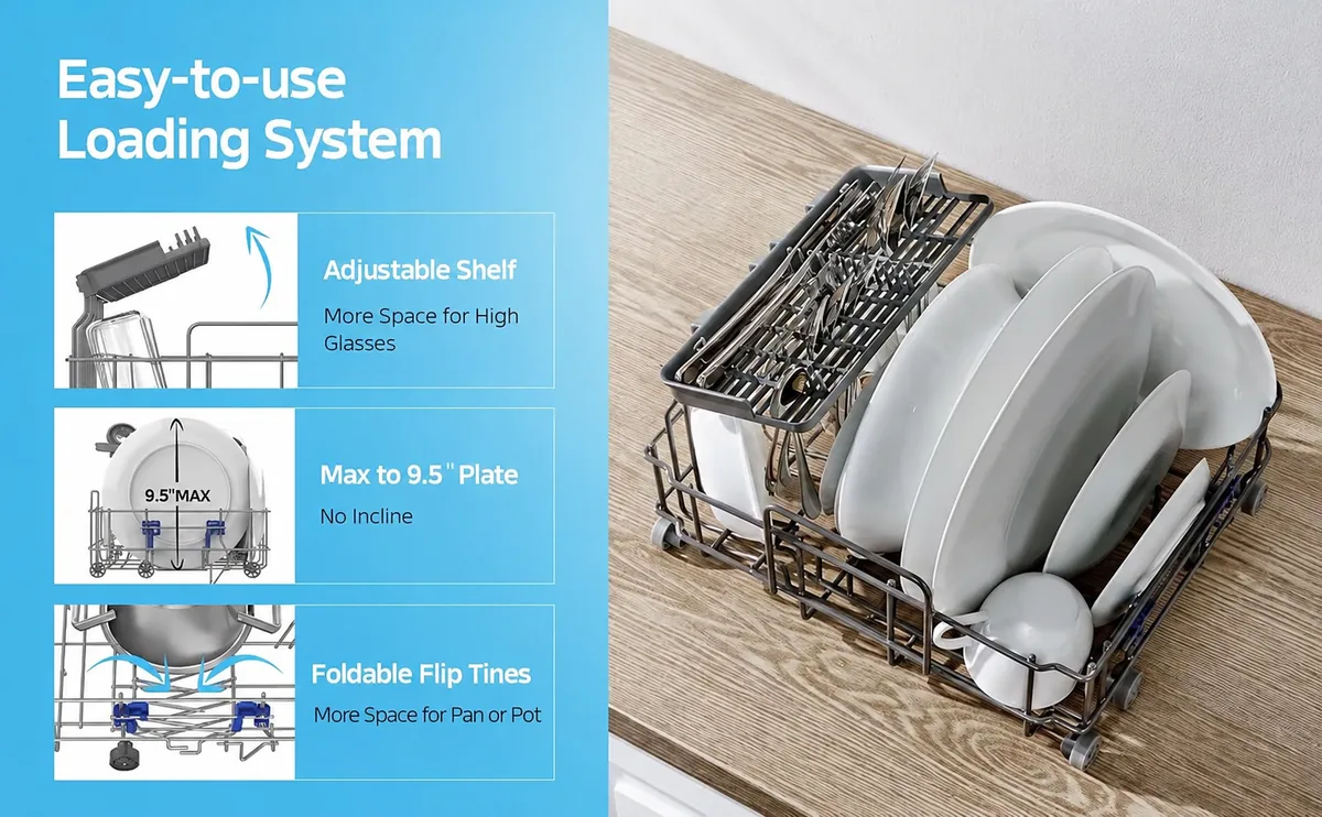Adjustable rack loaded with plates bowls cups and cutlery
