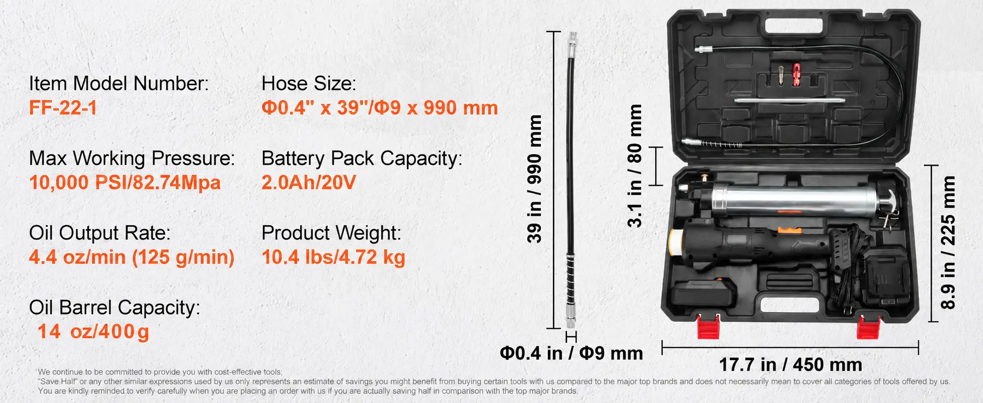 Cordless grease gun specifications and kit dimensions