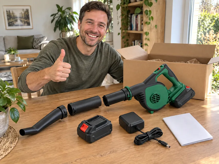 Customer checking the complete delivered leaf blower kit