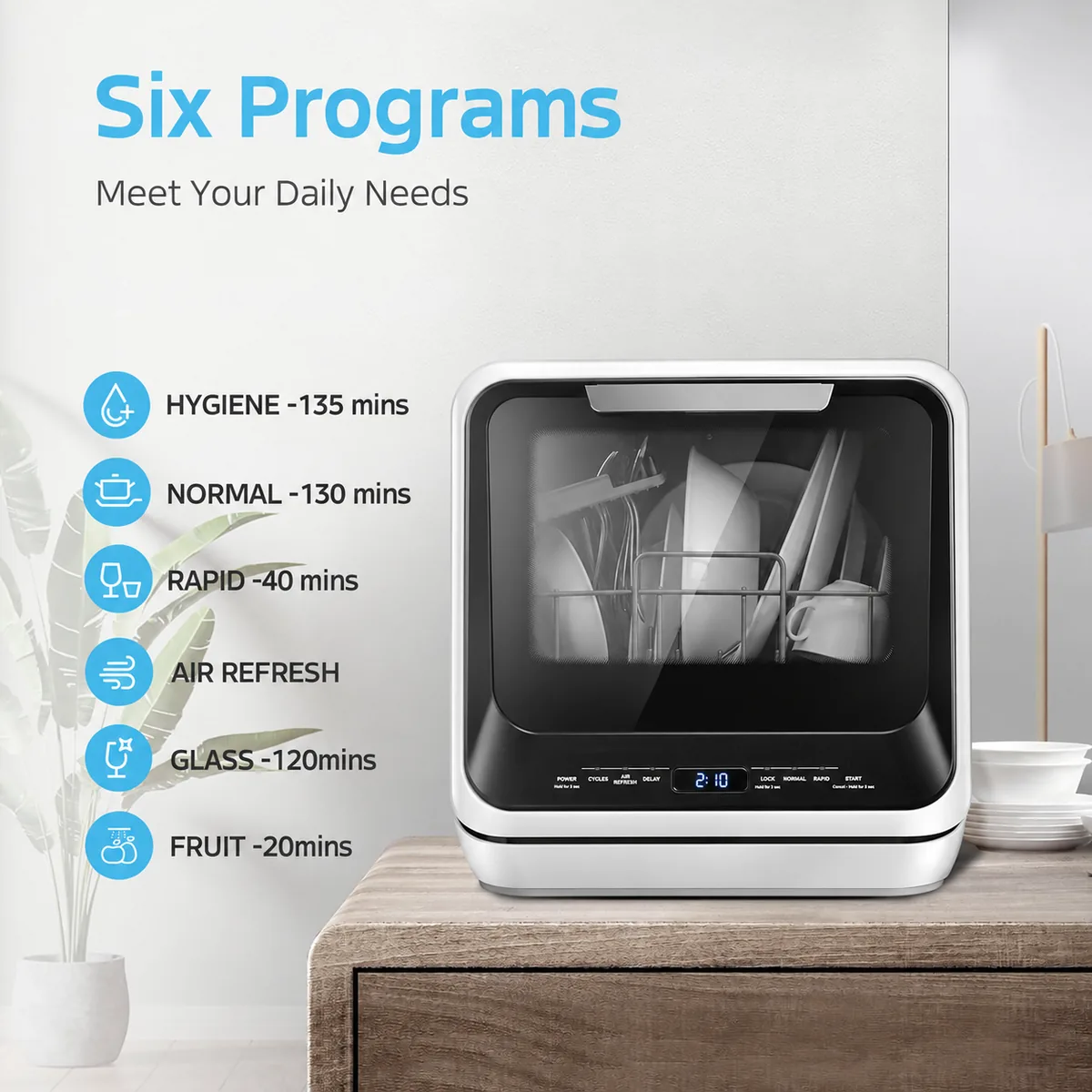 Six dishwasher programs and cycle times