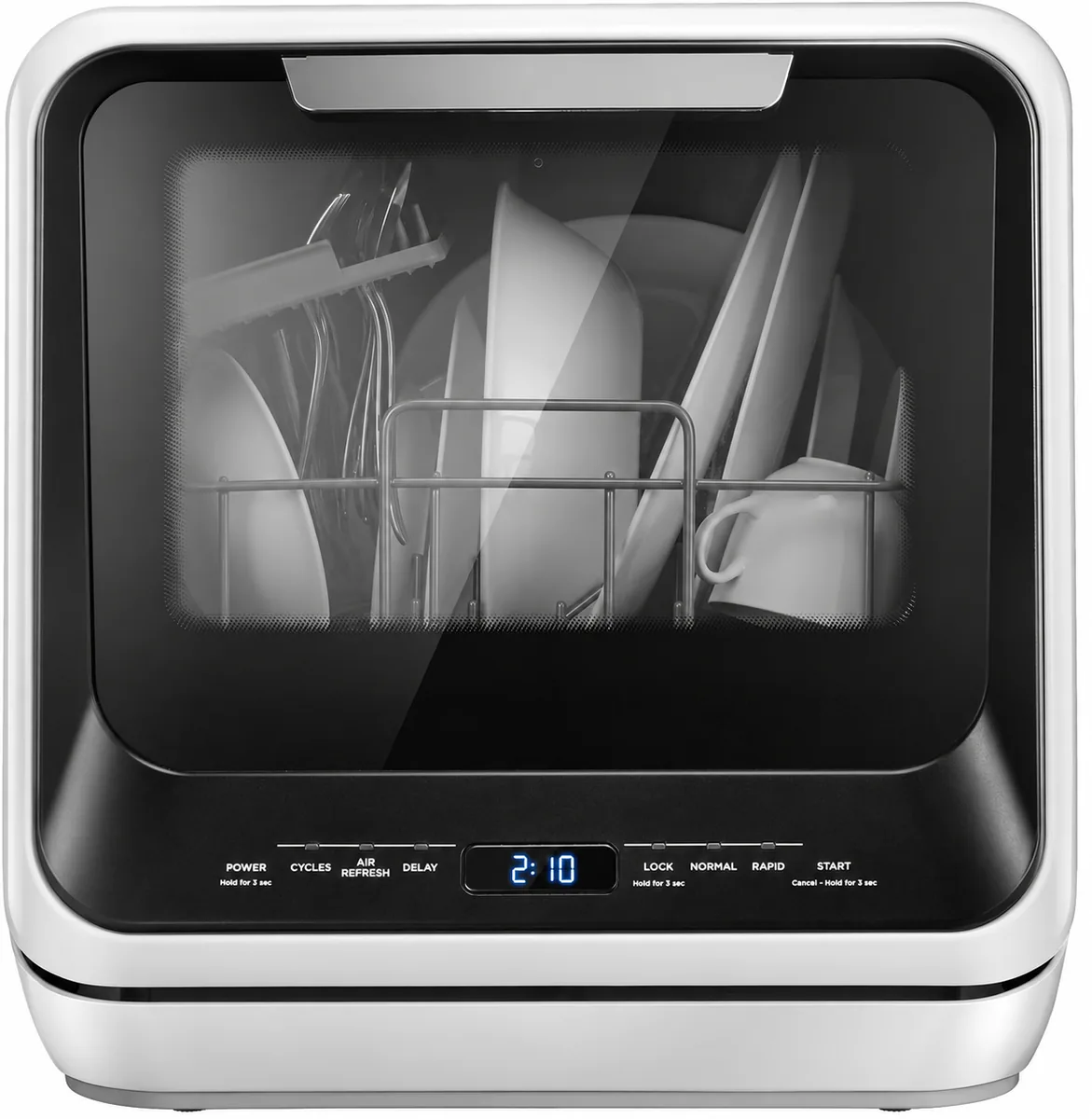 Front view of compact countertop dishwasher