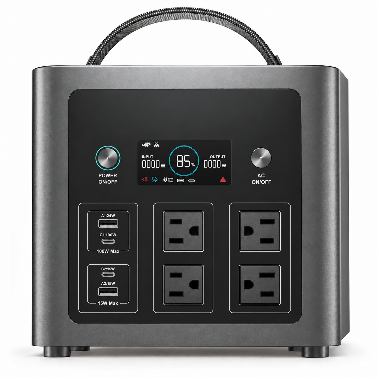 Grey C600 640Wh power station with four US AC outlets and four USB ports